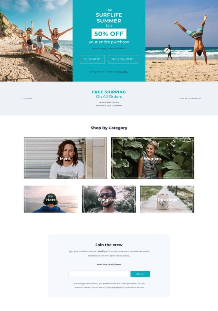 The homepage of a website with pictures of people on the beach.