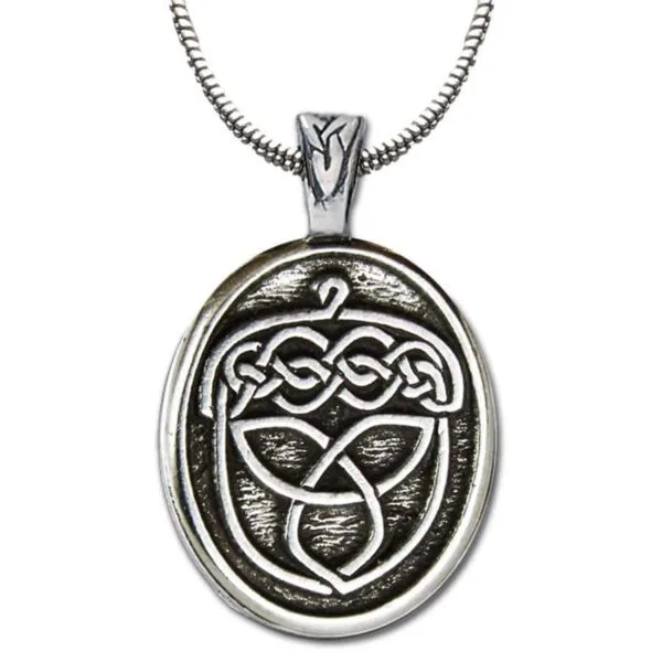 A celtic knot pendant on a silver chain.