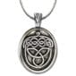 A celtic knot pendant on a silver chain.