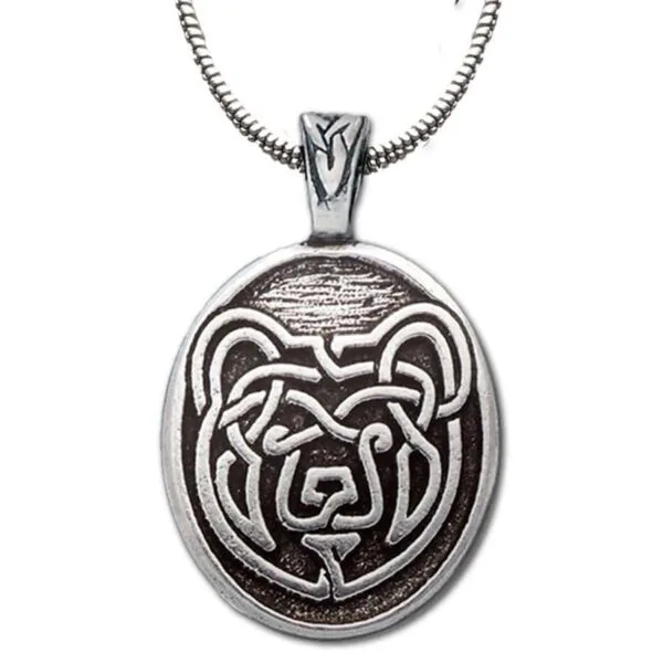 A celtic bear pendant on a silver chain.