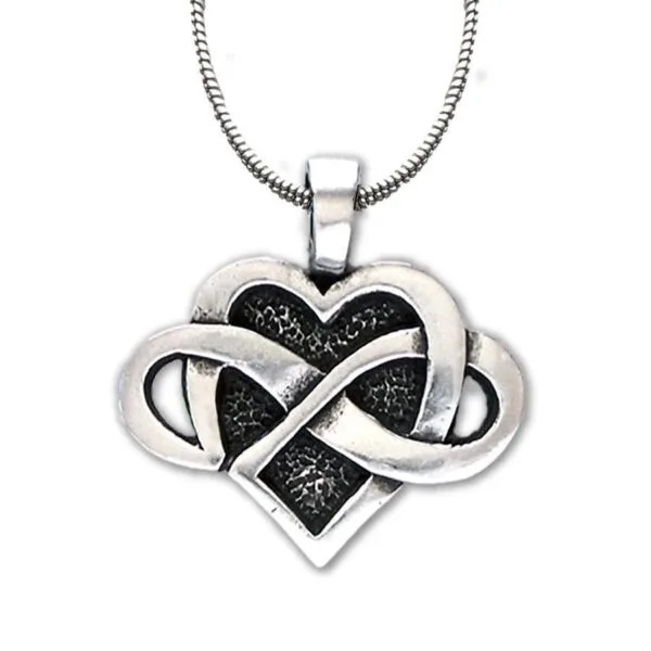 An infinity heart pendant on a silver chain. An infinity heart pendant on a silver chain.