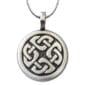 A celtic knot pendant on a silver chain.