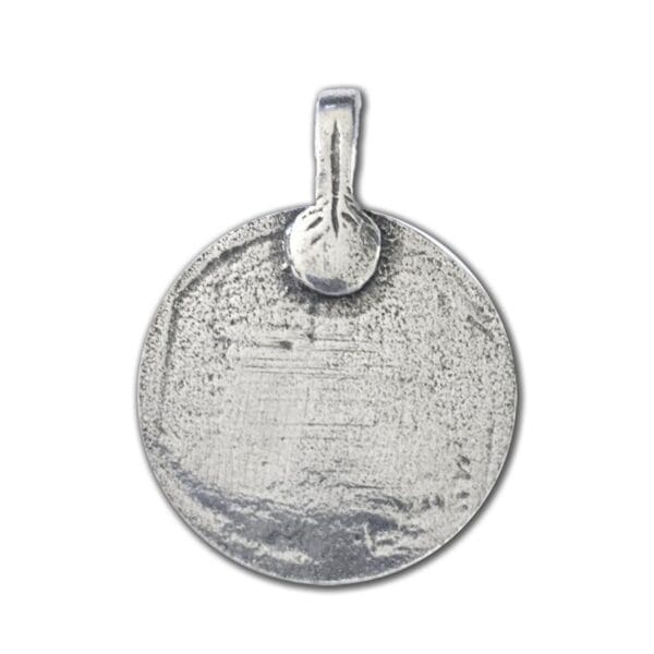 A silver pendant with a circular shape on a white background.