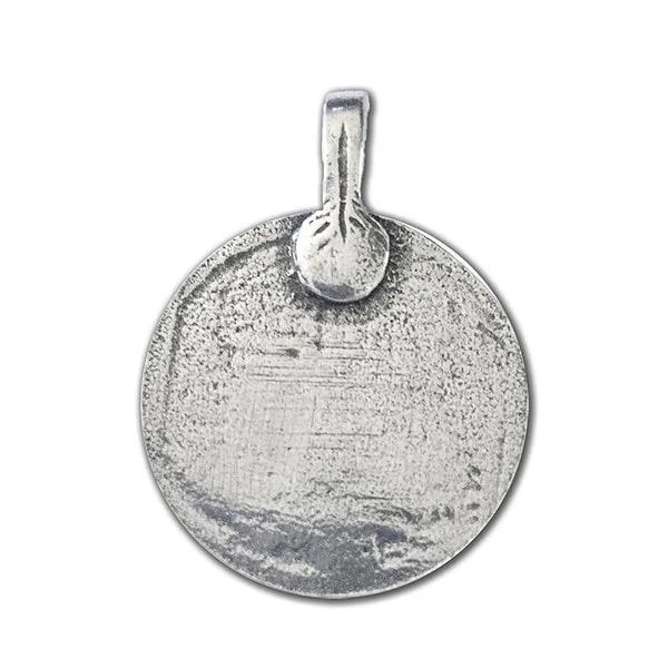 A silver pendant with a circular shape on a white background.