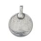 A silver pendant with a circular shape on a white background.