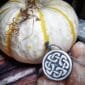 A pendant with a celtic symbol on top of a pumpkin.