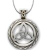 A silver celtic knot pendant on a silver chain.