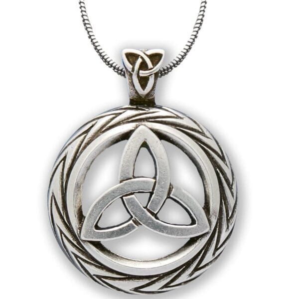 A silver celtic knot pendant on a silver chain.