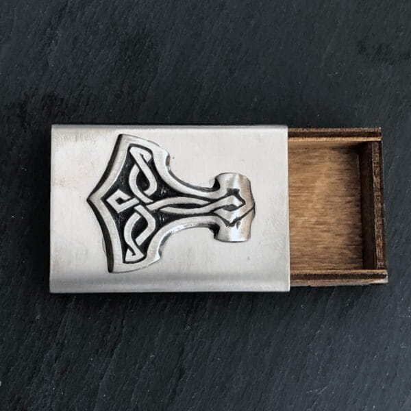 Thor business card holder in a wooden box.