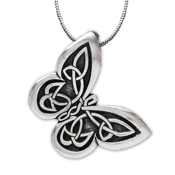 A celtic butterfly pendant on a silver chain.