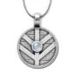 A silver pendant with a blue stone on it.