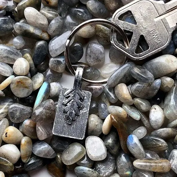 A silver key ring with a leaf on it. A silver key ring with a leaf on it.