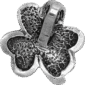 A silver plated clover charm on a gray background.