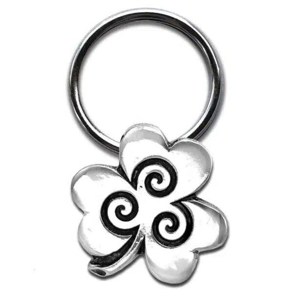 A sterling silver shamrock key ring with a swirl design. A sterling silver shamrock key ring with a swirl design.