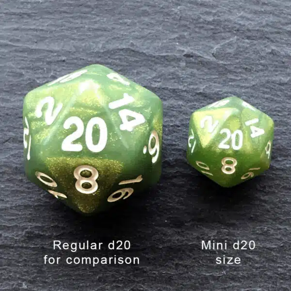 Two green d20 dice on a black surface. Two green d20 dice on a black surface.