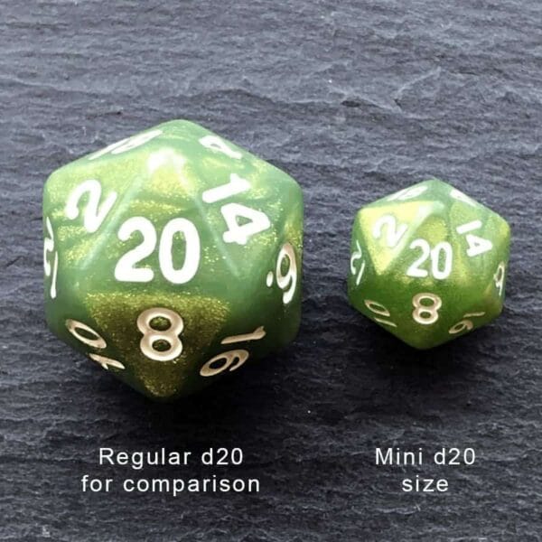Two green d20 dice on a black surface.