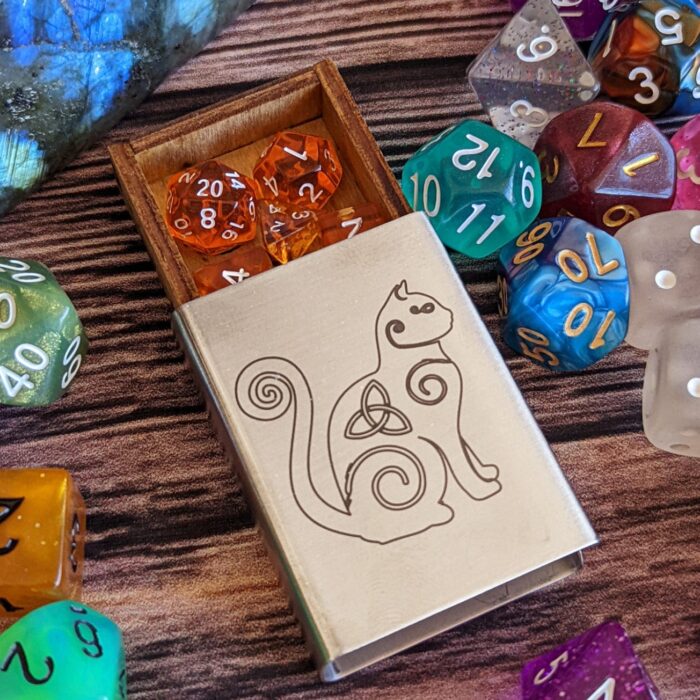 celticknotworksmatchboxtraveldiceset2995pockettravelrpgminidicesetincelticcatstainlesssteelmatchbox29946861813841