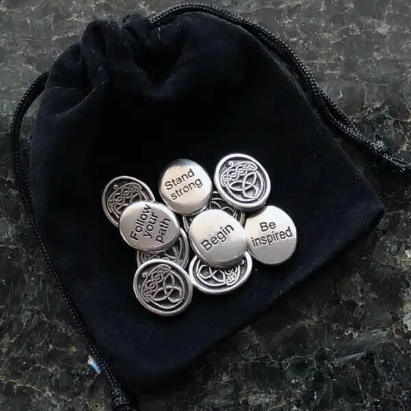 A set of silver buttons in a pouch on a table.