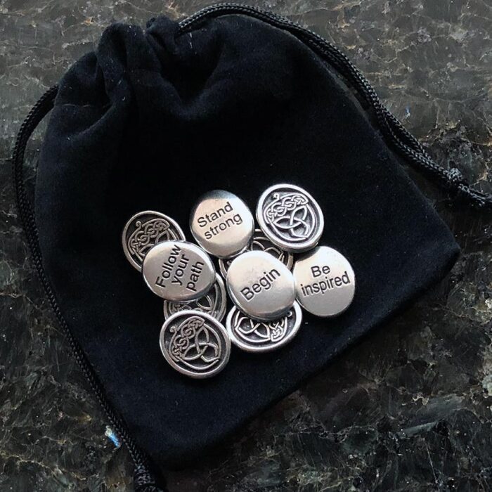 A set of silver buttons in a pouch on a table.