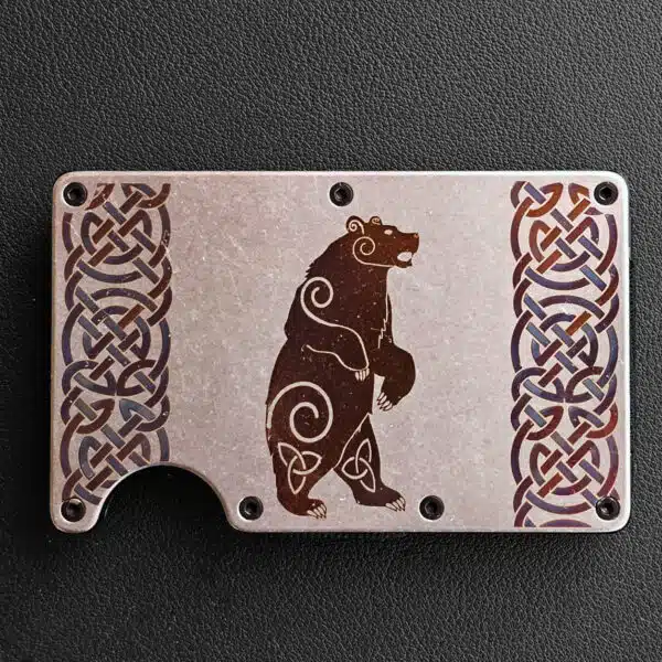 A Celtic Bear Titanium Minimalist Wallet featuring a bear design.
