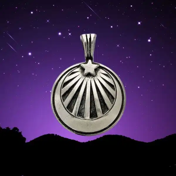 Rays of Light Pendant featuring a crescent motif and a star at the top, set against a purple starry night sky and silhouetted landscape.