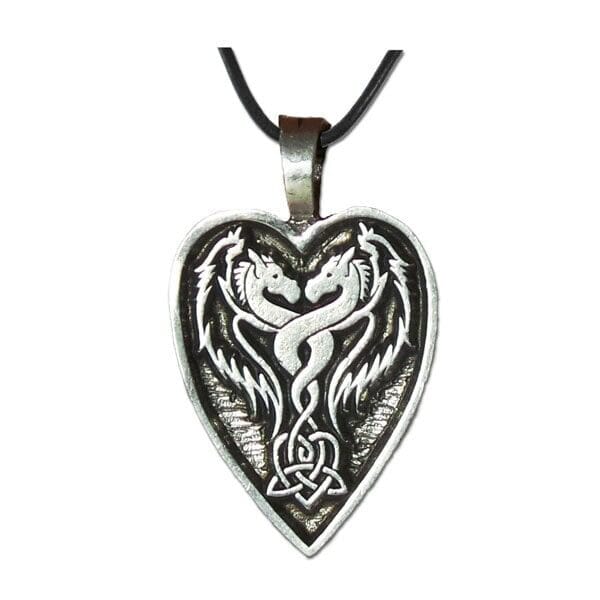 The Lady and the Dragon Act From Your Heart pendant showcases an intricate heart shaped design featuring intertwined dragons forming a knot, elegantly hanging on a black cord.