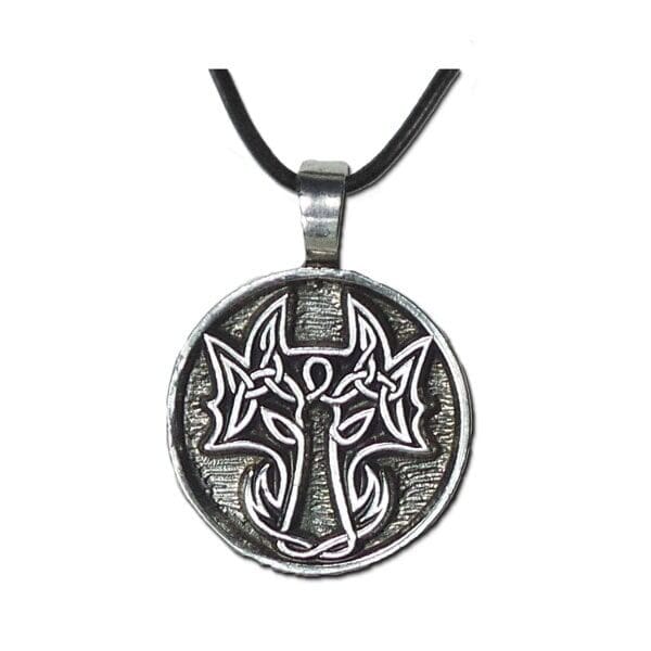 The Lady and the Dragon Be Bold is a round metal pendant on a black cord, featuring a tree like design with intricate Celtic knots.