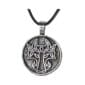 The Lady and the Dragon Be Bold is a round metal pendant on a black cord, featuring a tree like design with intricate Celtic knots.