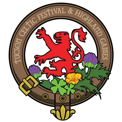 Circular logo featuring a red lion, purple thistles, green shamrocks, and yellow flowers, with text reading "Tucson Celtic Festival & Highland Games" around the border.