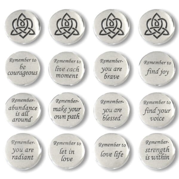 Thirty six Brigid's Heart Blessing Charms, featuring round silver tokens with Celtic knot designs and positive affirmations like “Remember to be courageous” and “Strength is within.”.