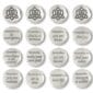 Thirty six Brigid's Heart Blessing Charms, featuring round silver tokens with Celtic knot designs and positive affirmations like “Remember to be courageous” and “Strength is within.”.