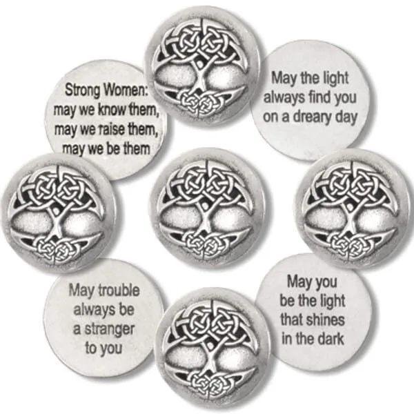 The Tree of Life Blessing Charms 36 pc pack includes silver toned tokens with Celtic knot designs and engraved messages of strength, light, and resilience.