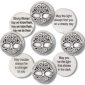 The Tree of Life Blessing Charms 36 pc pack includes silver toned tokens with Celtic knot designs and engraved messages of strength, light, and resilience.