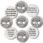 The Tree of Life Blessing Charms 36 pc pack includes silver toned tokens with Celtic knot designs and engraved messages of strength, light, and resilience.