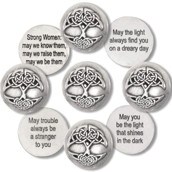 The Tree of Life Blessing Charms 36 pc pack includes silver toned tokens with Celtic knot designs and engraved messages of strength, light, and resilience.