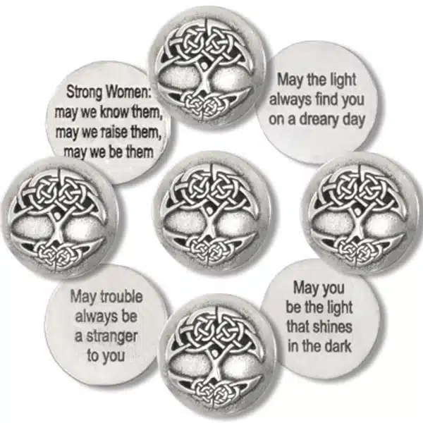Tree of Life Blessing Charms – 36 pc pack The Tree of Life Blessing Charms 36 pc pack includes silver toned tokens with Celtic knot designs and engraved messages of strength, light, and resilience.