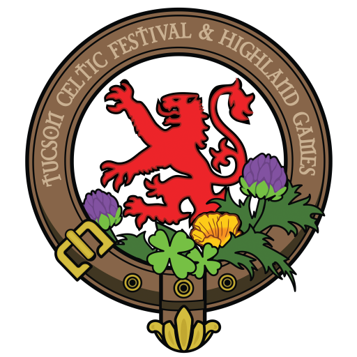 Circular crest with a red lion, surrounded by green, purple, and yellow flowers, and a brown belt design. Text reads "Tucson Celtic Festival & Highland Games" around the top edge.