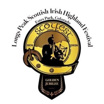 Logo for the Longs Peak Scottish-Irish Highland Festival in Estes Park, Colorado, featuring a bagpiper silhouette inside a golden emblem, marked with "1976-2026" and "Golden Jubilee.